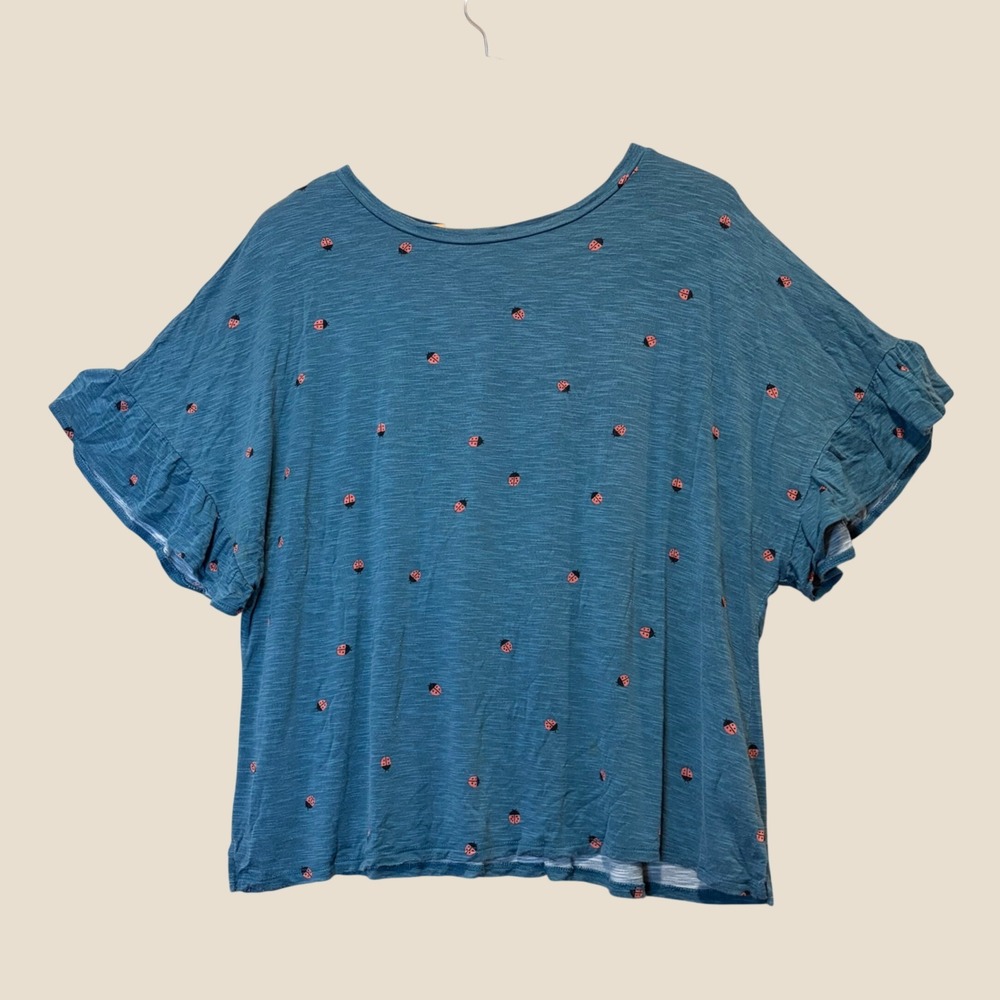 LuLaRoe Ruffle Sleeve Top Women L Blue Ladybug Print Slub Knit Casual Boho